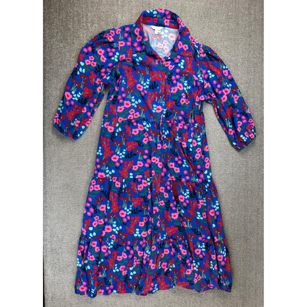 Crown & Ivy Dress PXL Blue Floral Tiered Button Front Shirt Dress Cottagecore